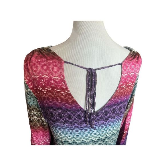 Womens Democracy Multi-Colored Printed V Neck Boho Tunic Top - Sz L - Picture 3 of 3